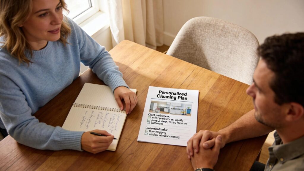 Participant consulting with service provider about customized NDIS cleaning plans