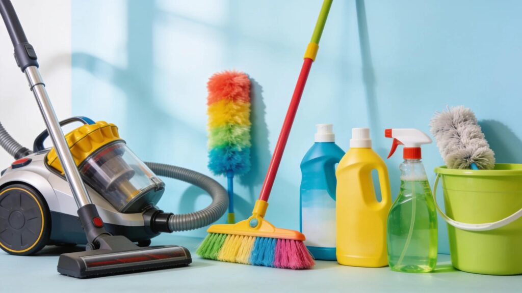 Variety of cleaning tools and supplies essential for NDIS cleaning services