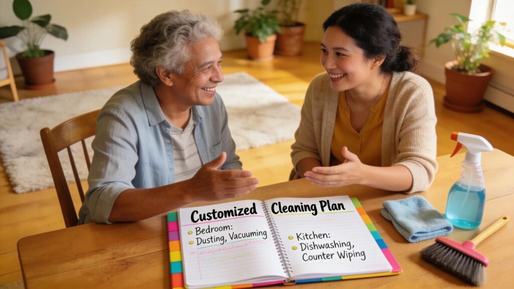 Caregiver and NDIS participant collaborating on a personalized cleaning plan for better home care
