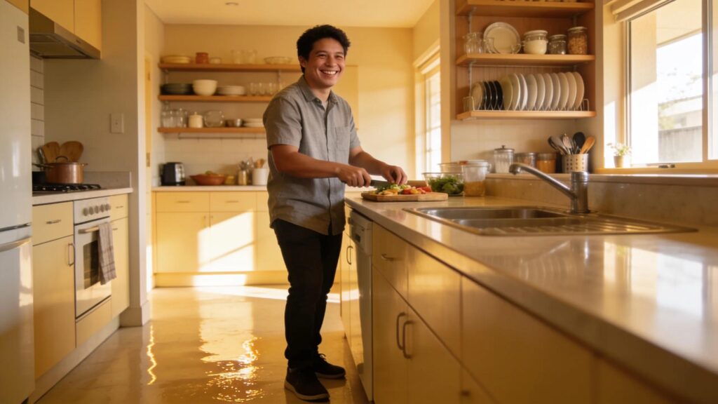 Participant enjoying a clean kitchen, exemplifying the benefits of NDIS approved cleaning services