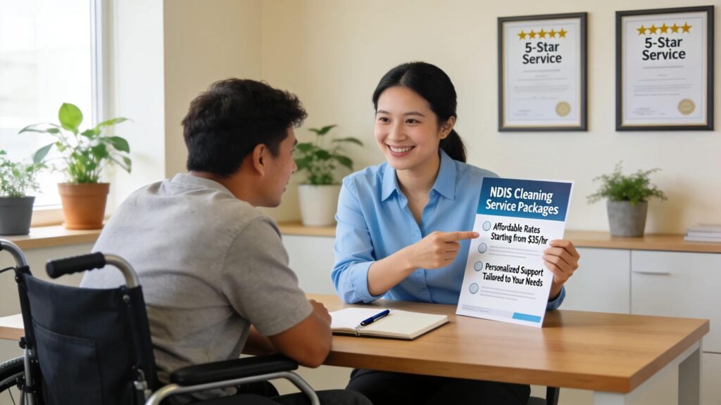 Customer service representative explaining affordable NDIS cleaning service packages