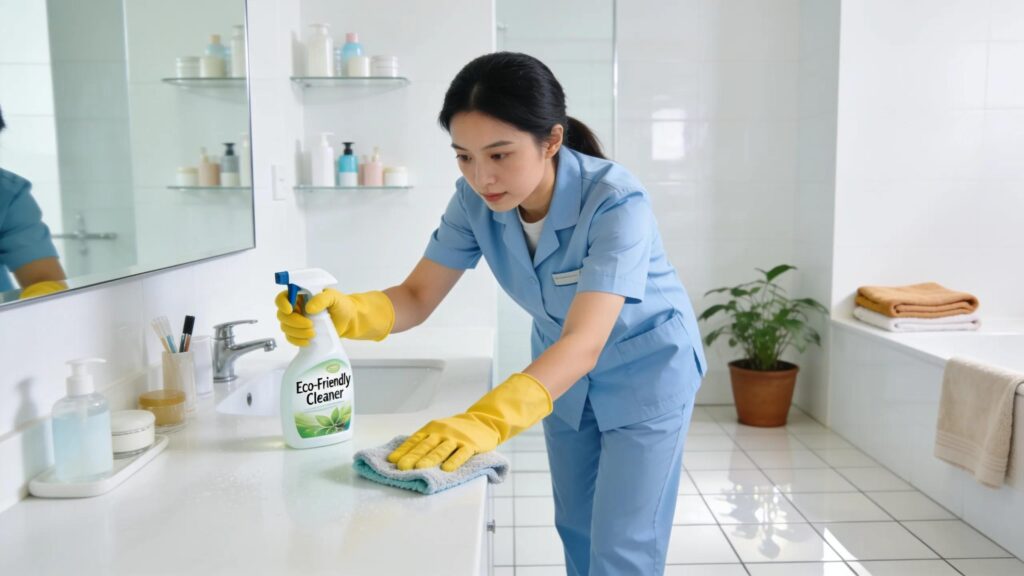 Cleaner ensuring hygiene and safety in a bathroom, illustrating NDIS cleaning services impact on health