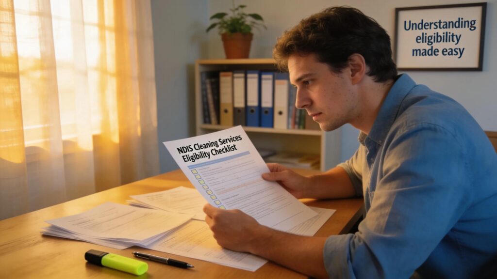 Individual reviewing NDIS paperwork for cleaning service eligibility in a cozy home office setting.