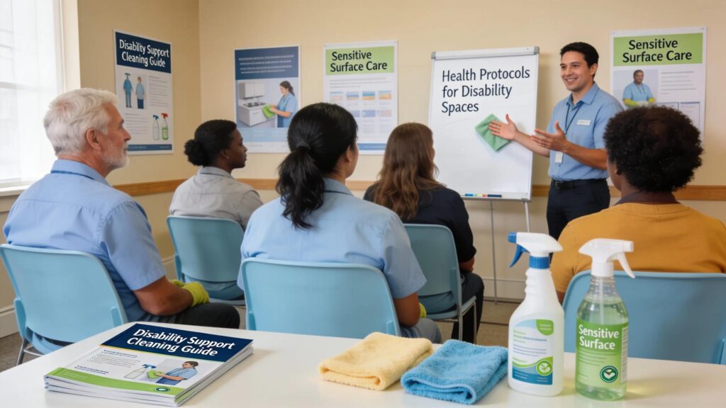 Cleaners undergoing training for disability support, focusing on health and safety protocols