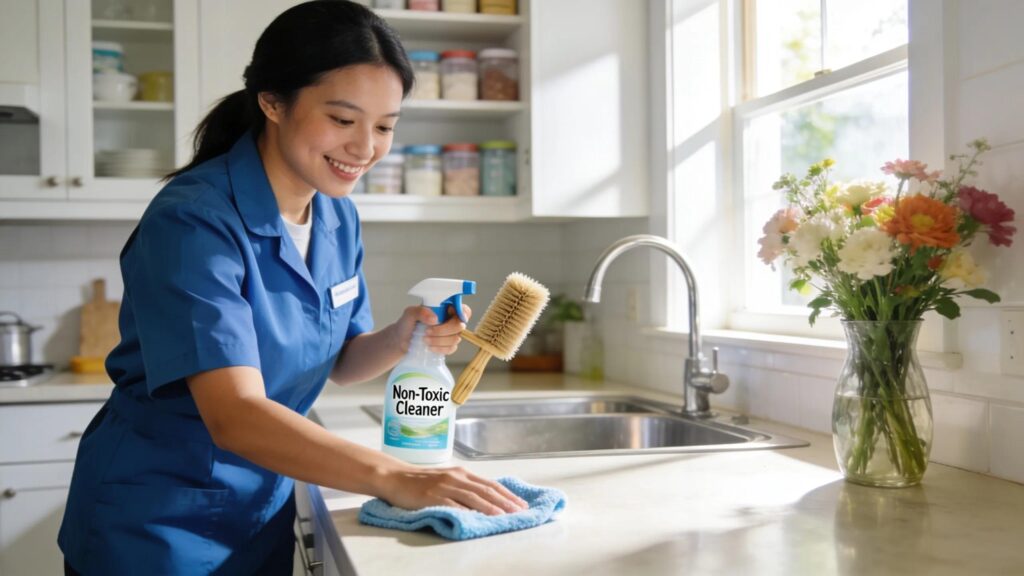 Professional cleaner enhancing a kitchen’s cleanliness to support NDIS participants' wellbeing