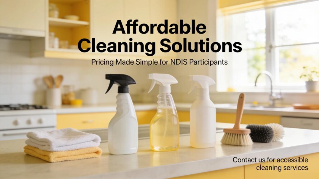 Cleaning supplies organized to illustrate pricing and accessibility of NDIS cleaning services