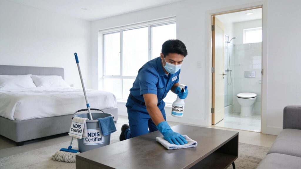 Image showcasing a professional cleaner using NDIS compliant products, highlighting cleanliness and safety in home cleaning services.